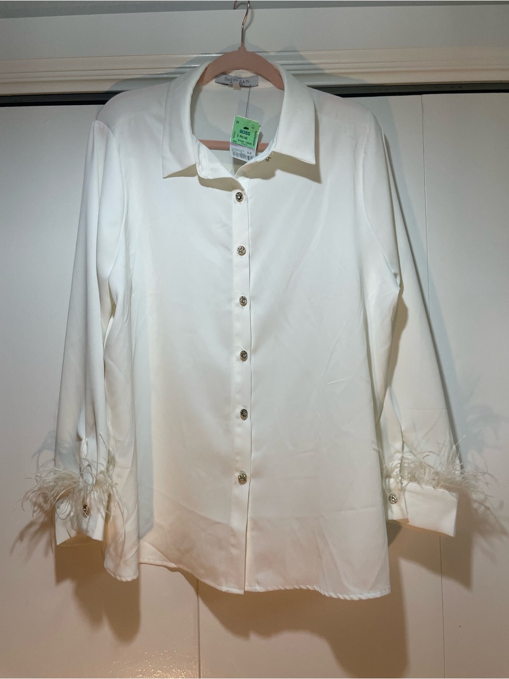 Sweet Rain White Feather-Cuff Button Down Shirt